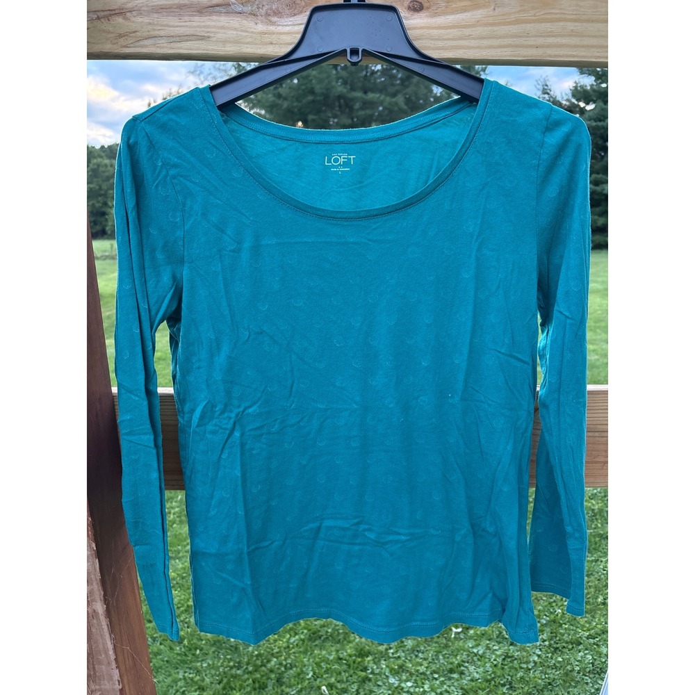 Ann Taylor LOFT Teal Green Polka Dot Long Sleeve Cotton Scoop Neck Tee L